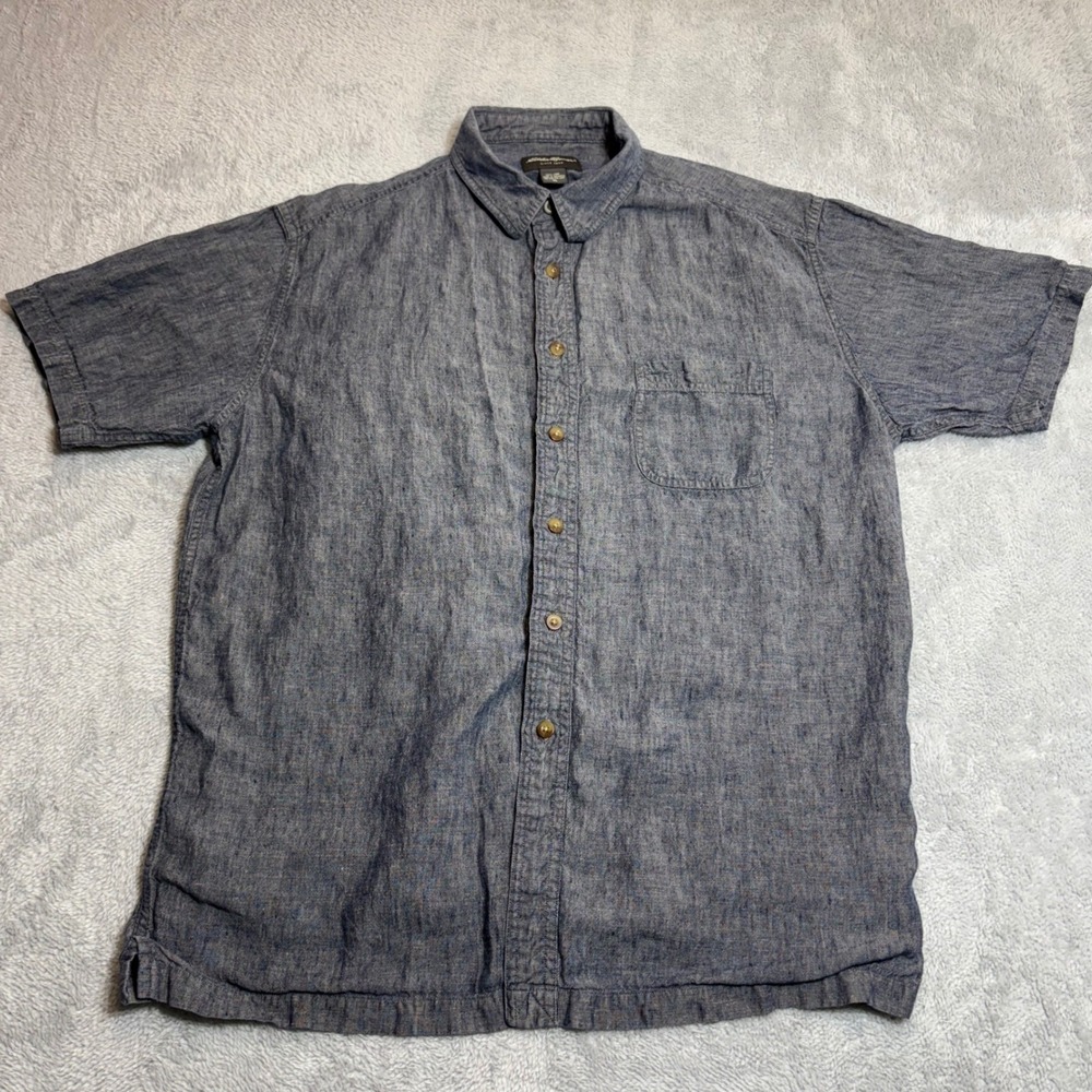 Eddie Bauer 100& Linen Shirt Mens XL Blue Short Sleeve Button Down Pocket Casual